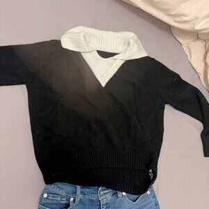 Black Knit Sweater White Collar V Neck Cropped Pullover